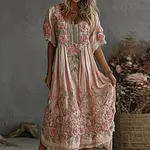Women's Vintage Floral Art Print Flowy Linen Blend Casual Short Sleeve Maxi Dress