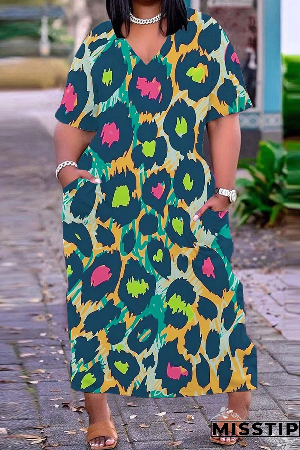 Navy Blue Casual Print Patchwork V Neck Short Sleeve Dress Dresses