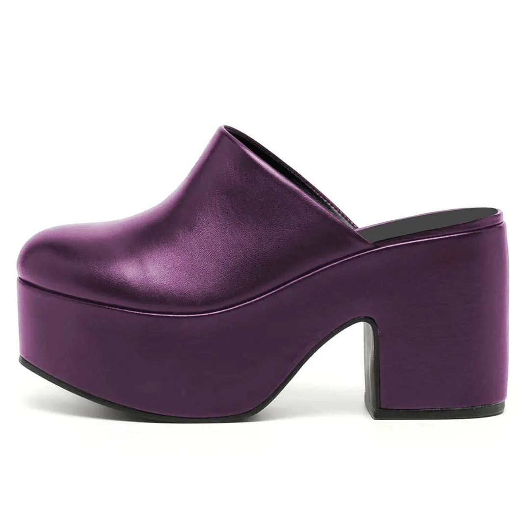 Dark Purple Round Toe Classic Block Heeled Mules with Platform
