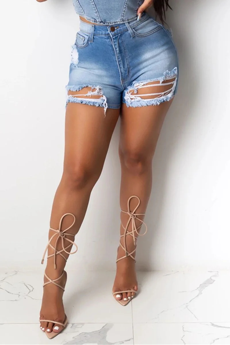 Blue Fashion Casual Solid Ripped Mid Waist Regular Jeans | EGEMISS