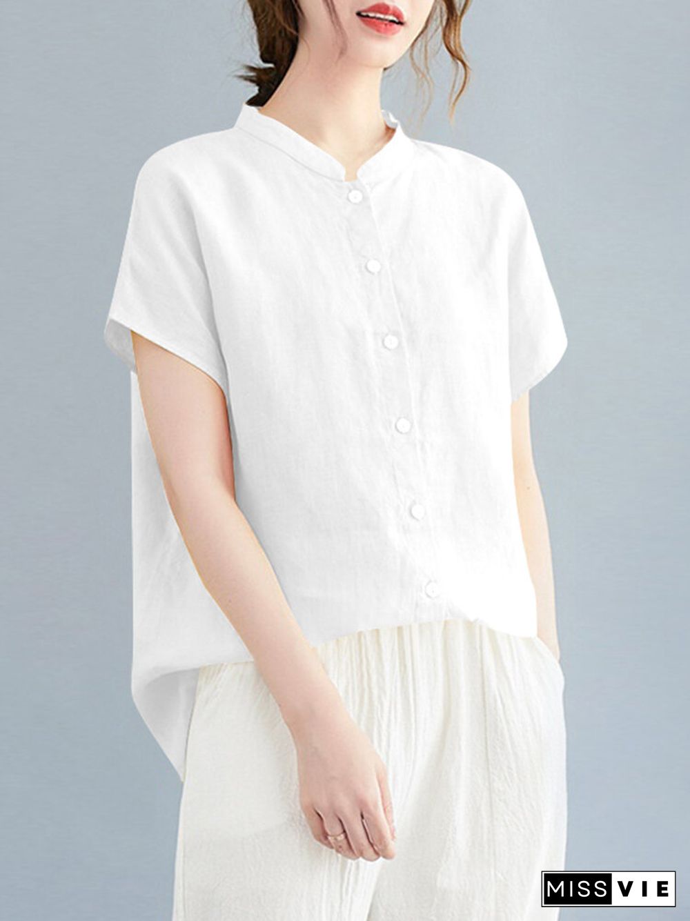 Cotton Solid Button Stand Collar Short Sleeve Casual Blouse