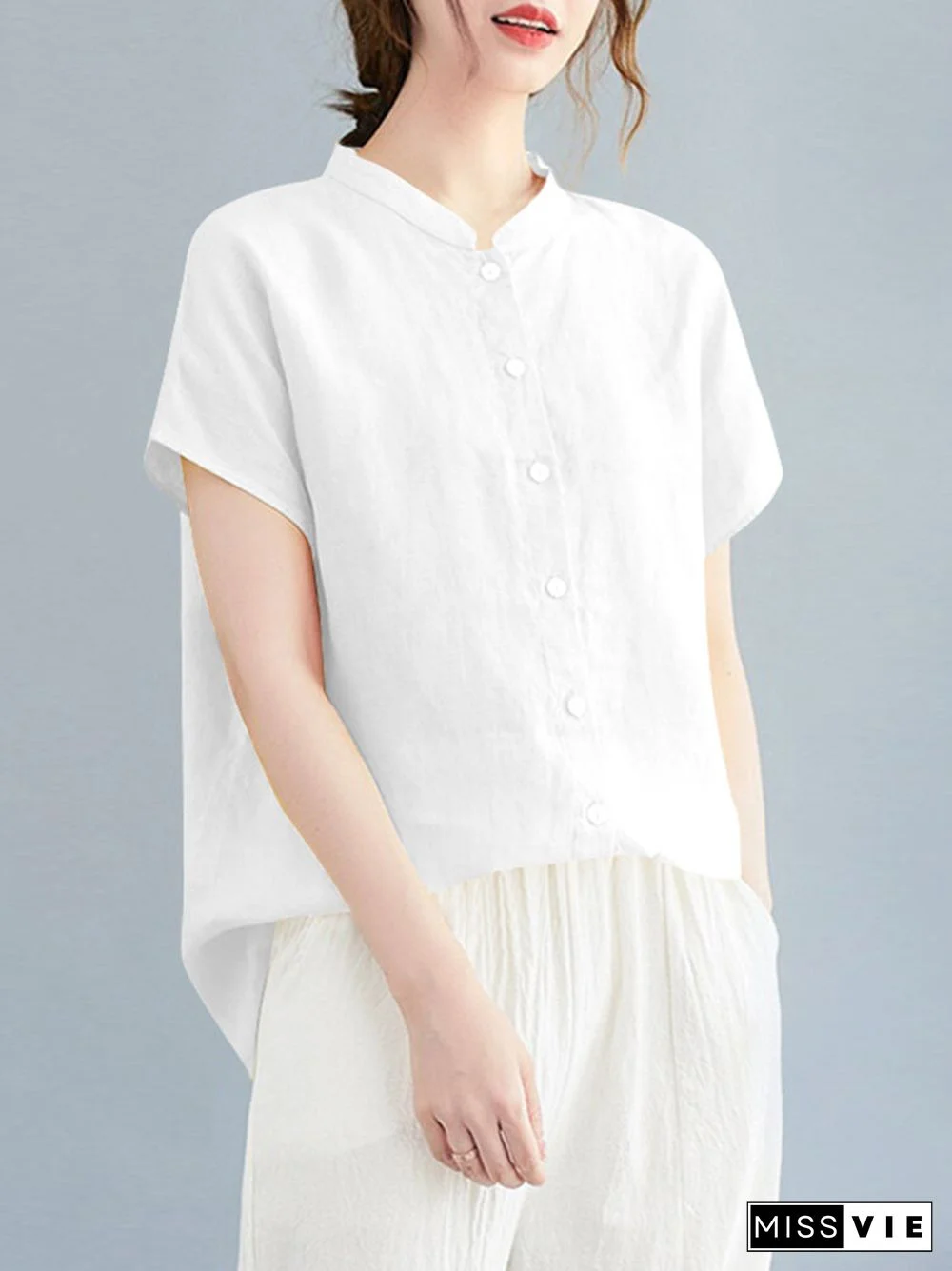 Cotton Solid Button Stand Collar Short Sleeve Casual Blouse