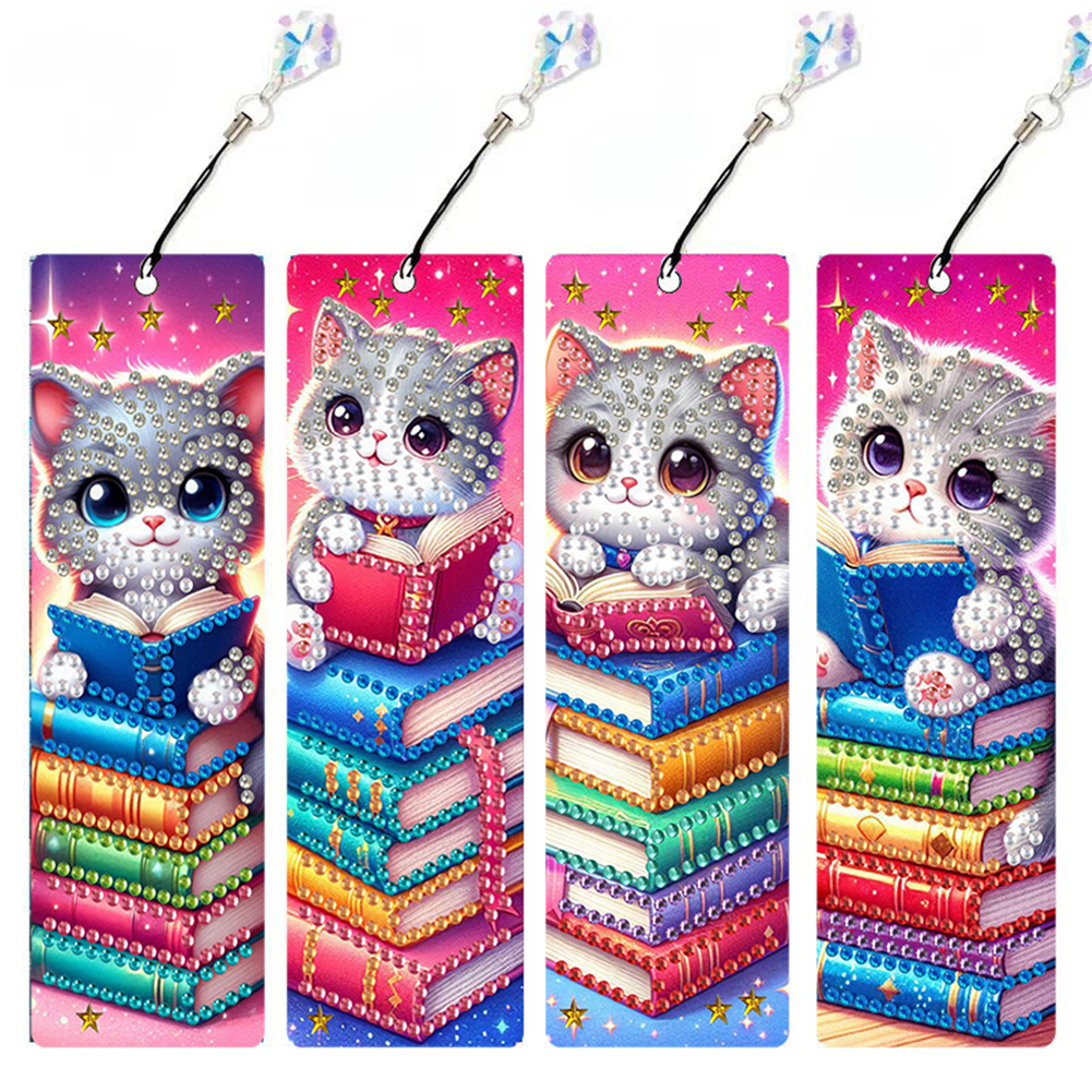 4Pcs Diamond Painting Bookmarks Diamond Art Bookmarks for Book Lovers (Cat Book)