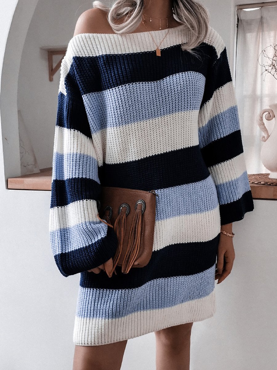  thdmladies Loose Contrast Striped Knitted Dress thedmladies