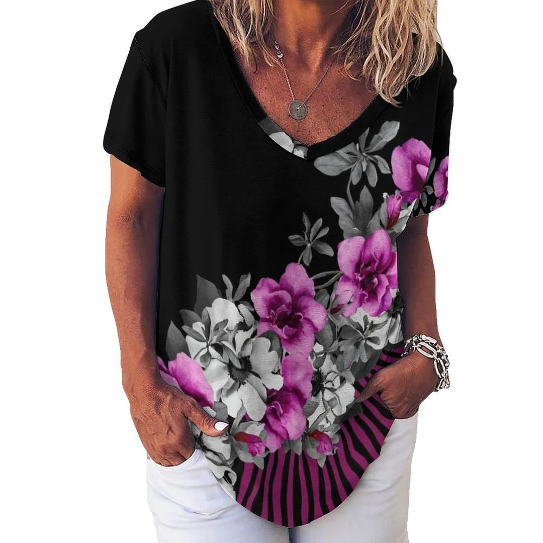 V-neck Short Sleeve Casual T-shirt for  Women Printed with Pattern Floral, Black, Rose Red