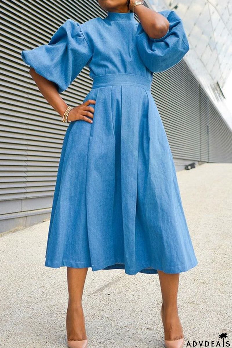 Turtleneck Neck Puff Sleeve Midi Dress