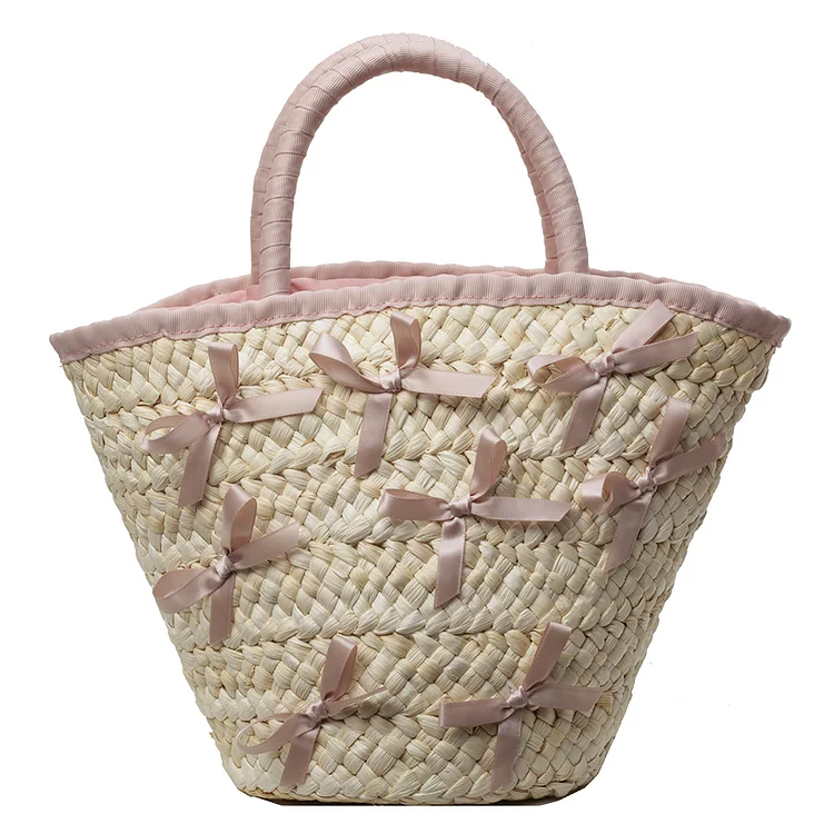 Bow Woven Tote Bag Elegant Top-Handle Bags Drawstring Closure for Beach Vacation
