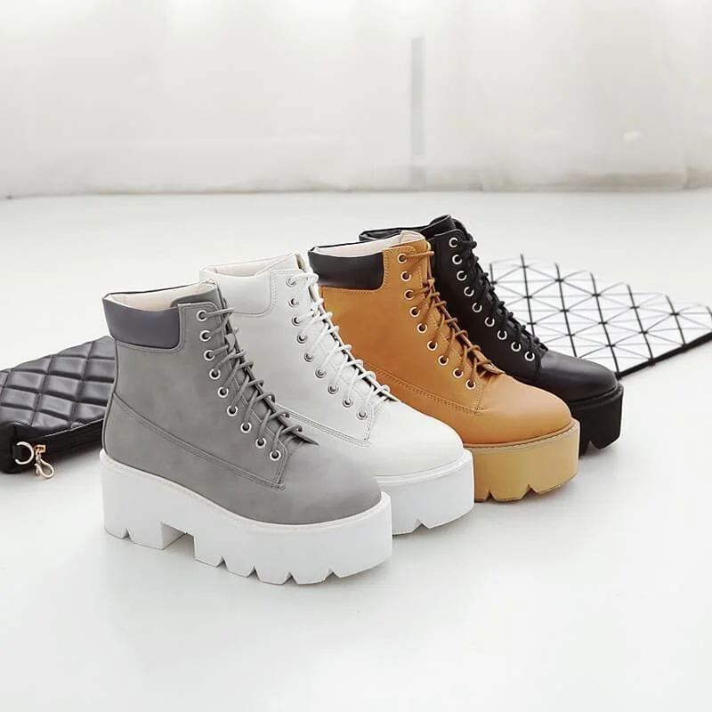 Black/Brown/White/Gray Square Heels Lace-up Platform Boots SP14544