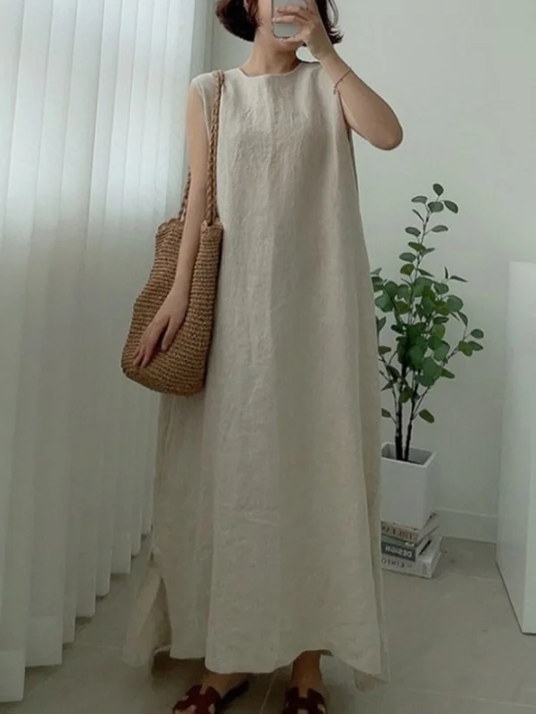 Casual Simple Solid Color Split-Side Round-Neck Sleeveless Midi Dress