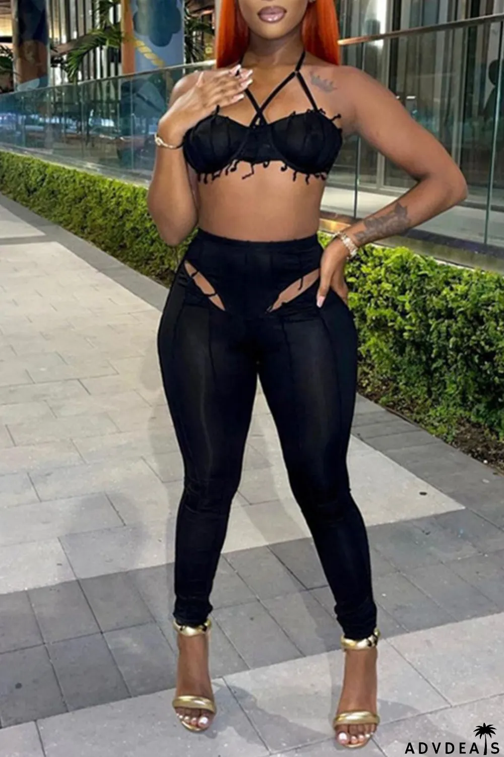 Black Sexy Solid Hollowed Out Patchwork Asymmetrical Halter Sleeveless Two Pieces