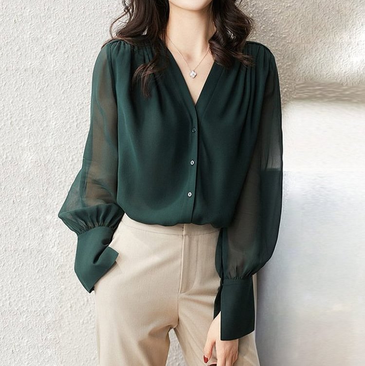 Shift Long Sleeve Casual Chiffon Shirts & Tops QueenFunky