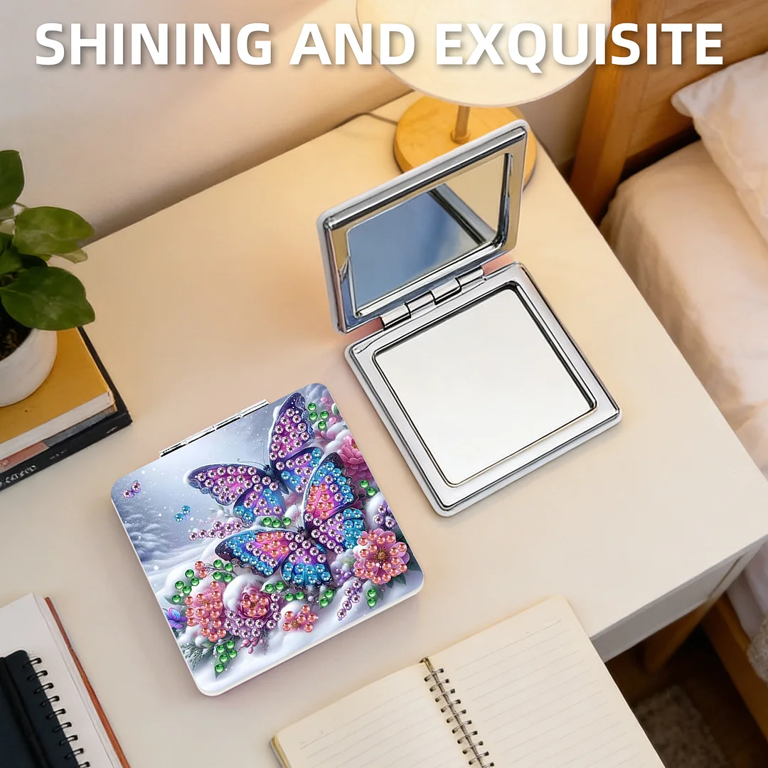 Butterfly Flowers DIY Special Shaped Diamond Painting Compact Mirror Kits Diamond Art Painting Pocket Mirror for Beginners Adults Art Craft Woman Gifts