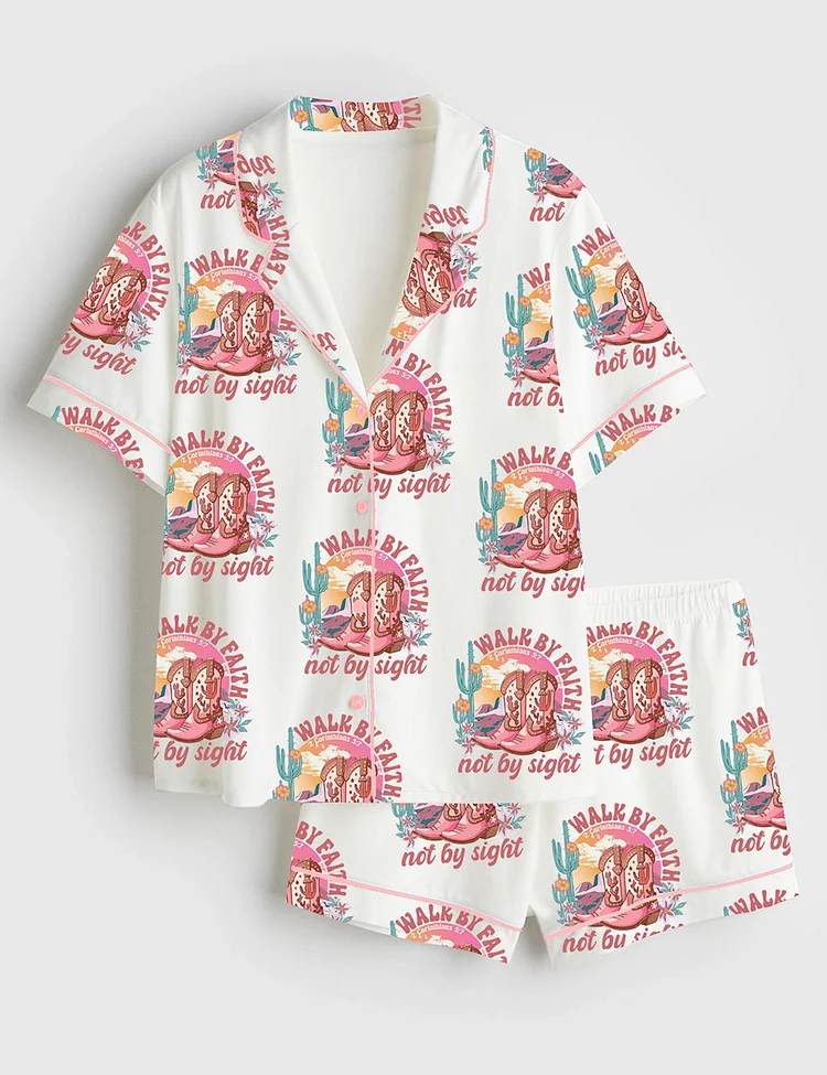 Women&rsquo;s Walk by Faith Not by Sight Christian Jesus God Short Sleeve Satin Pajama Set