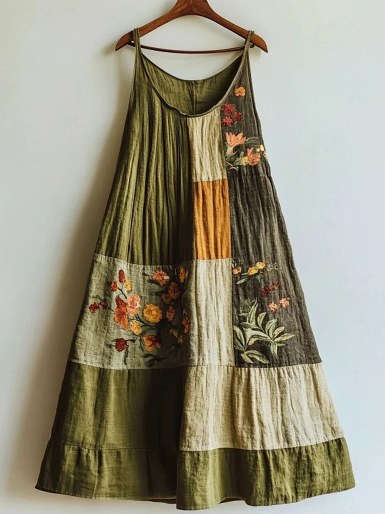 Utbros Vintage Floral Pattern Linen Blend Patchwork Dress
