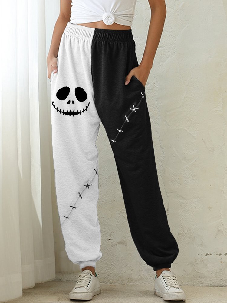 Halloween Spooky Face Stitch Contrast Color Sweatpants