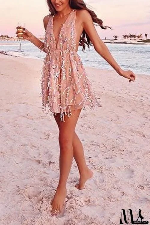 MidiSono - Deep V Neck Sequin Mini Dress
