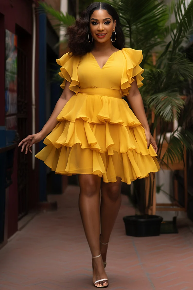 Xpluswear Design Plus Size Cocktail Party Yellow Elegant V Neck Flutter Sleeve Ruffle Tiered Chiffon Mini Dresses [Pre-Order]