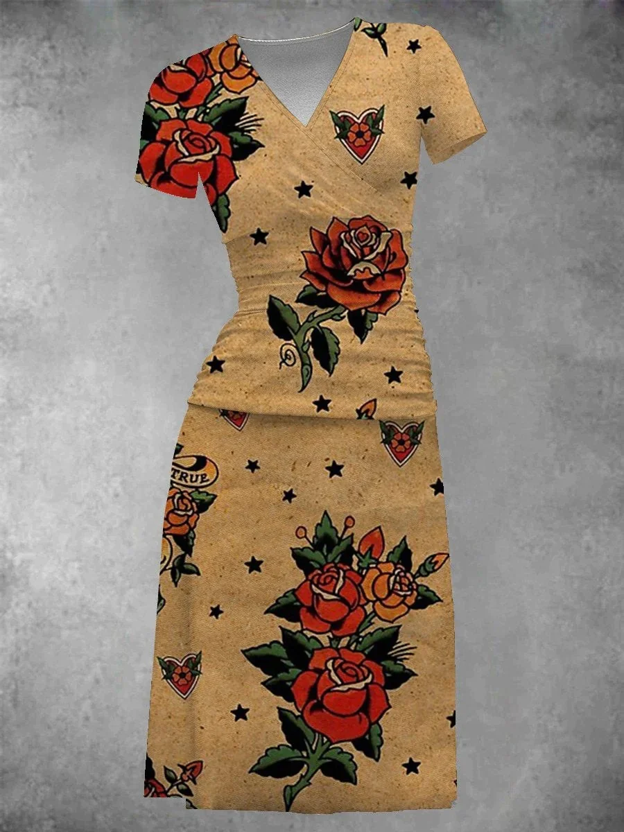 Women's Vintage Paper Rose Tattood Long Dress