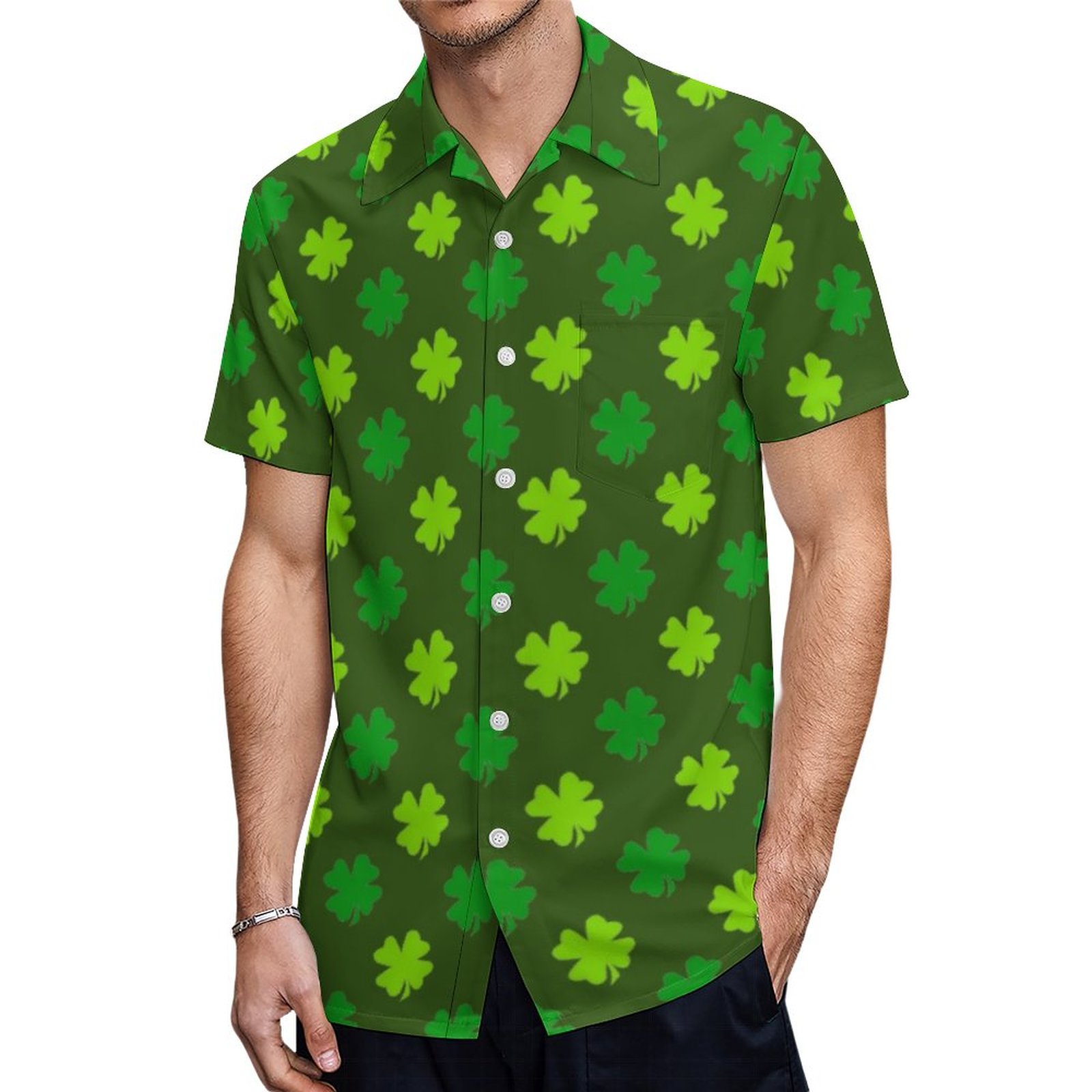 Tri Colored Green Shamrock Four Leaf Lucky Hawaiian Shirt Mens Button Down Tropical Hawaii Beach Shirts