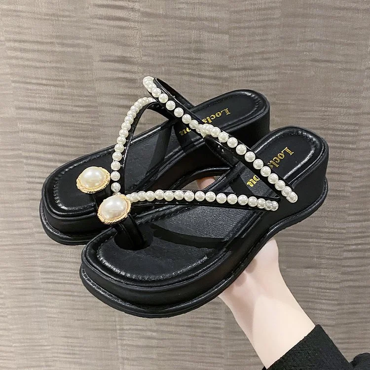 Wongn Wongn Summer New Korean Edition Bead Set Toe Slope With Cool Drag Fashion Sweet Platform Slippers Women's Shoes