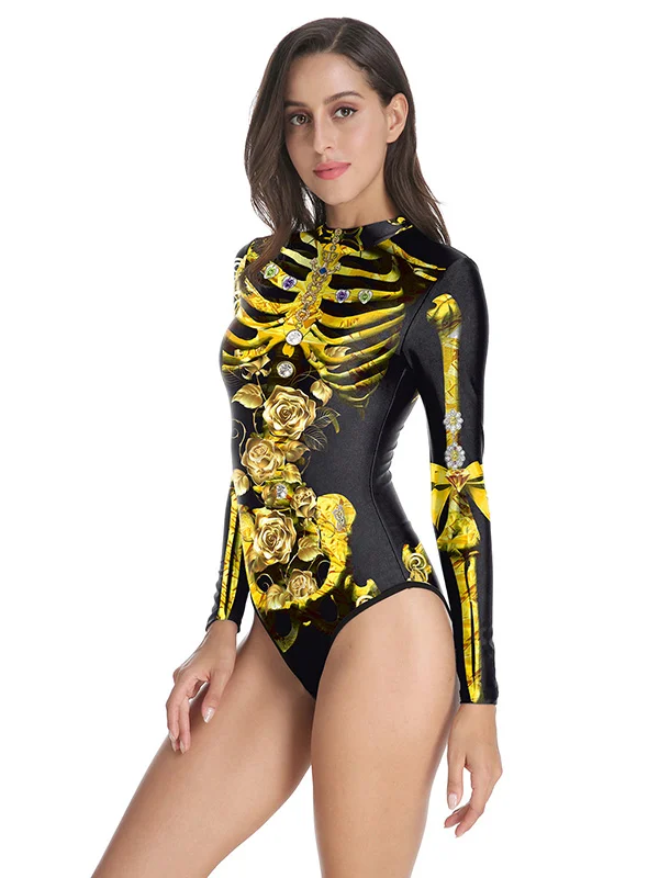 Fashion Halloween Skeleton 3D&Floral Printed Long-Sleeves Wetsuit 