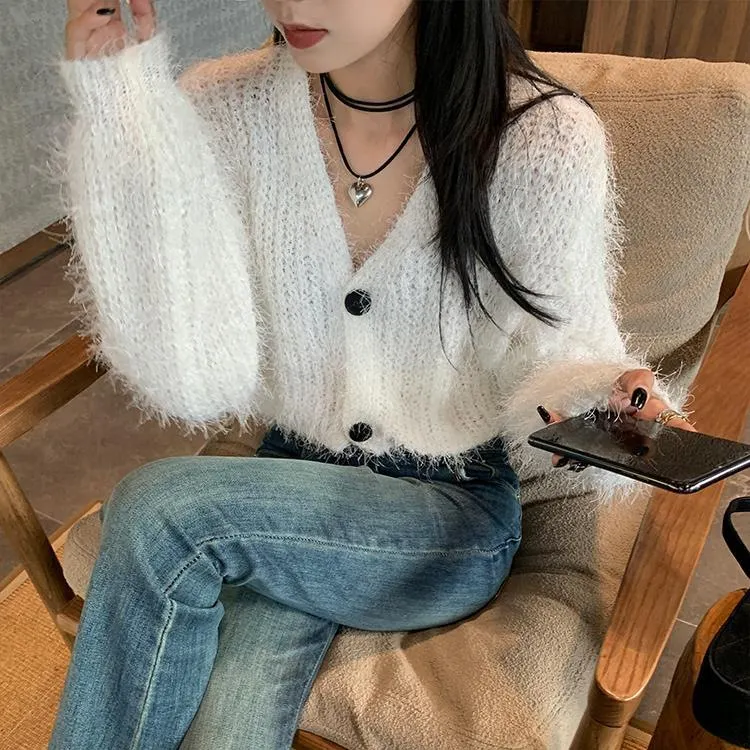 Uveng Early Autumn New V-Collar Short-Style Knitted Cardigan Women's Lazy Style Loose Fashion Foreign Style Sweater Coat