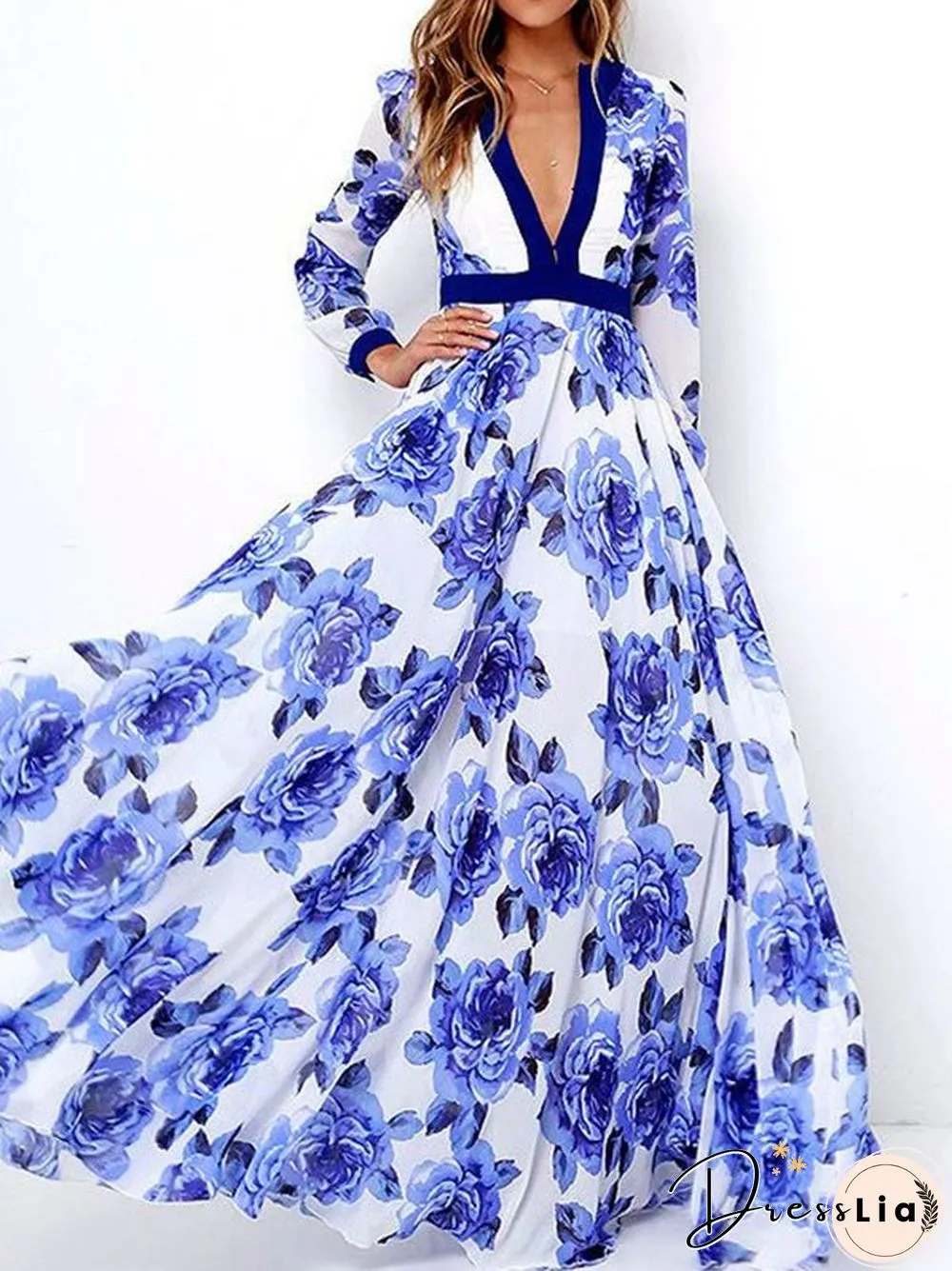 Women'S Dresses Printed Deep V Long Sleeve Swing Dress