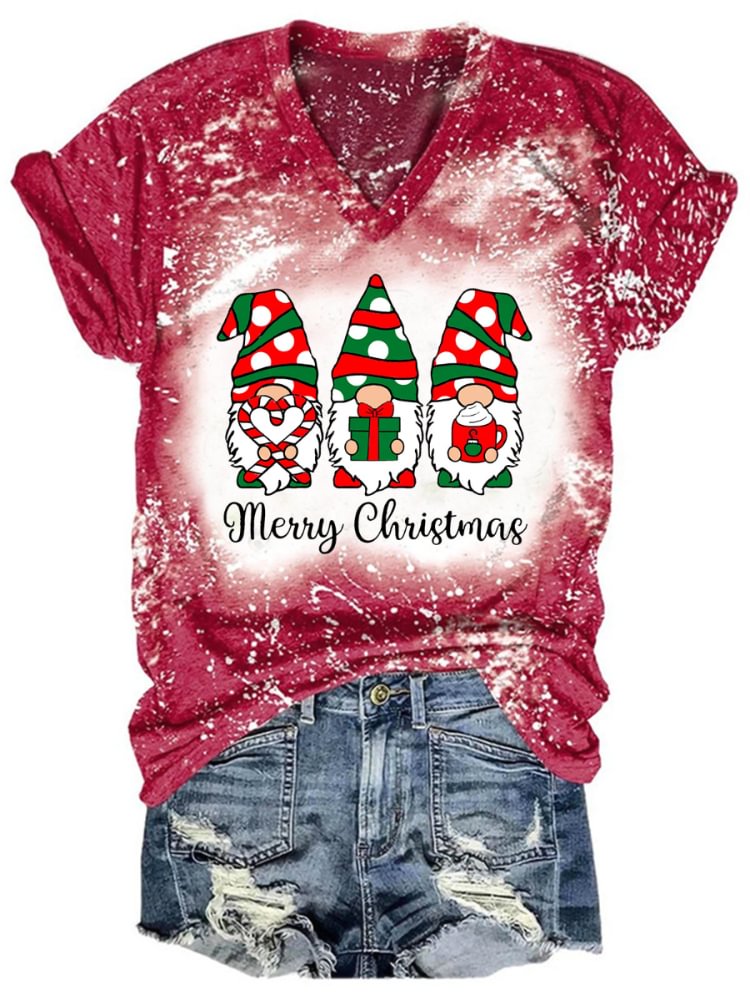 Vefave Merry Christmas Wave Point Gnomes Print T Shirt