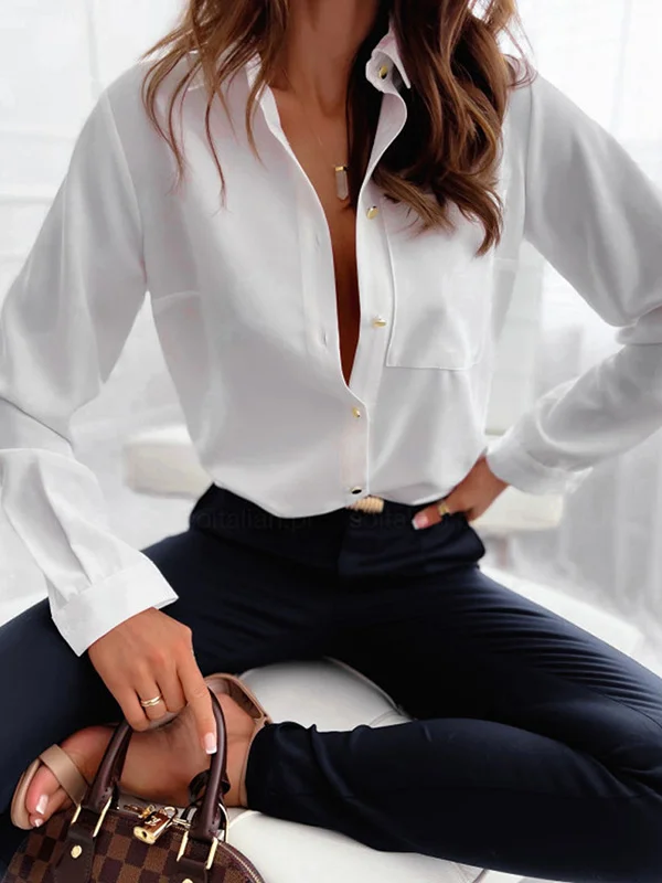Casual Long Sleeves Loose Solid Color Lapel Collar Blouses&Shirts Tops