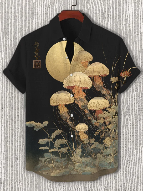 Men's Japanese Art Painting Moon Jellyfish Ukiyo-e Print Short Sleeve Shirt