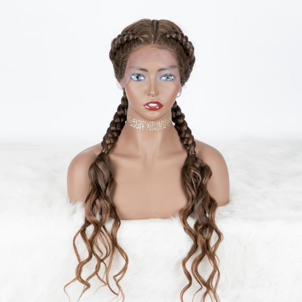WEQUEEN Colored Bohemian Dutch Braid Lace Wig Two Braids Ponytail
