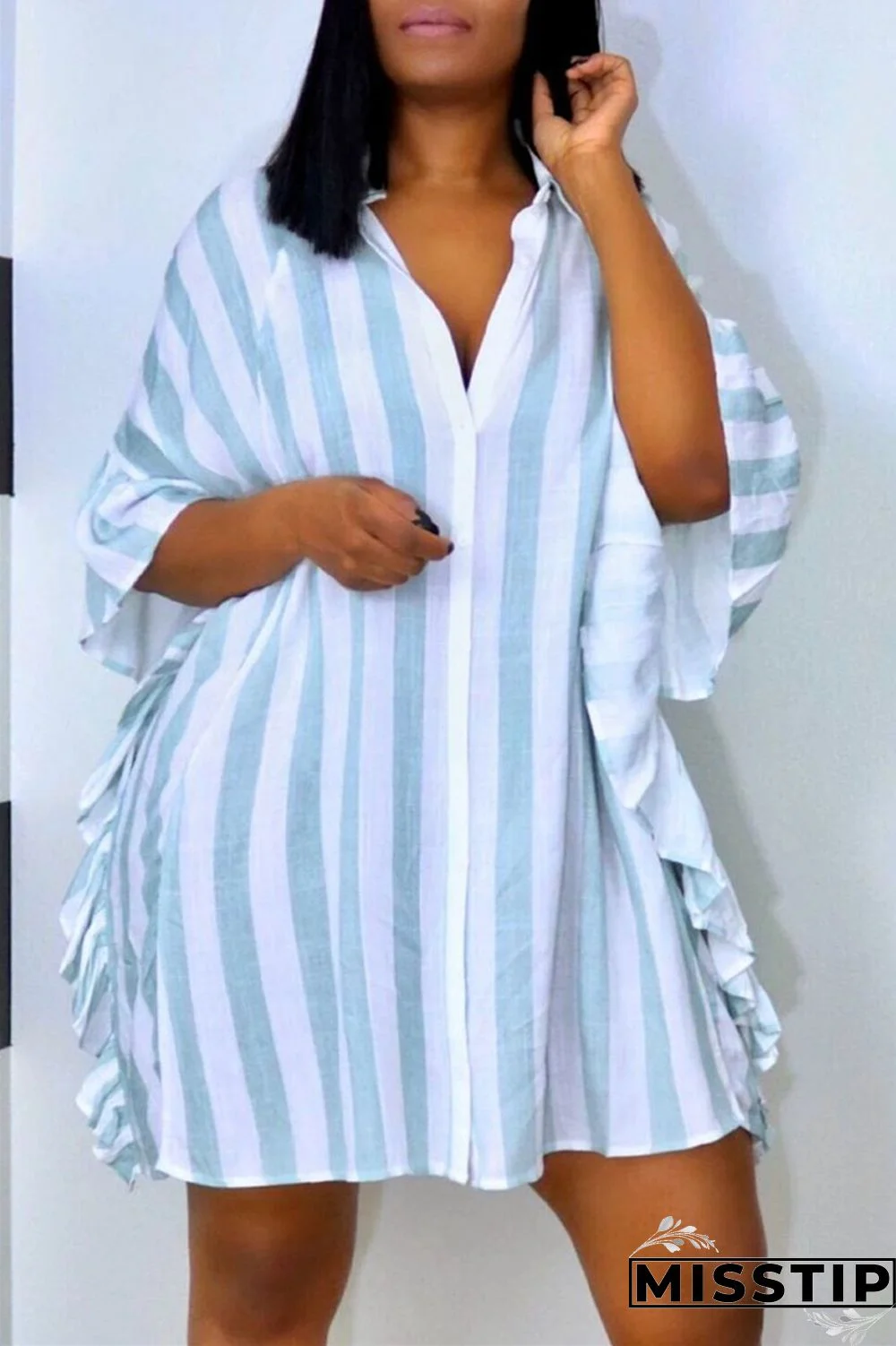 Light Blue Fashion Casual Striped Print Patchwork Turndown Collar Shirt Dress Dresses
