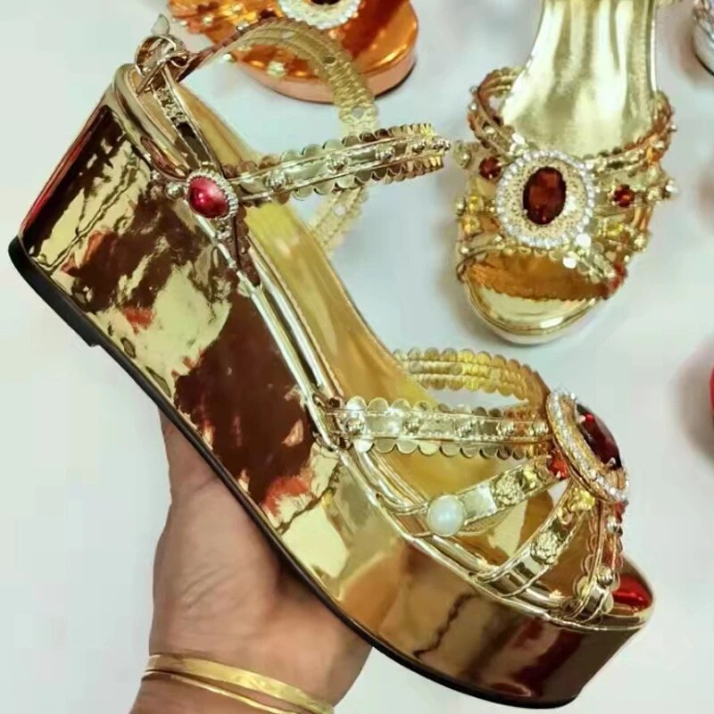 Green Rhinestone Sandals Woman Open Toe Red Diamond Platfrom Wedges Shoes Lady Party Shoes