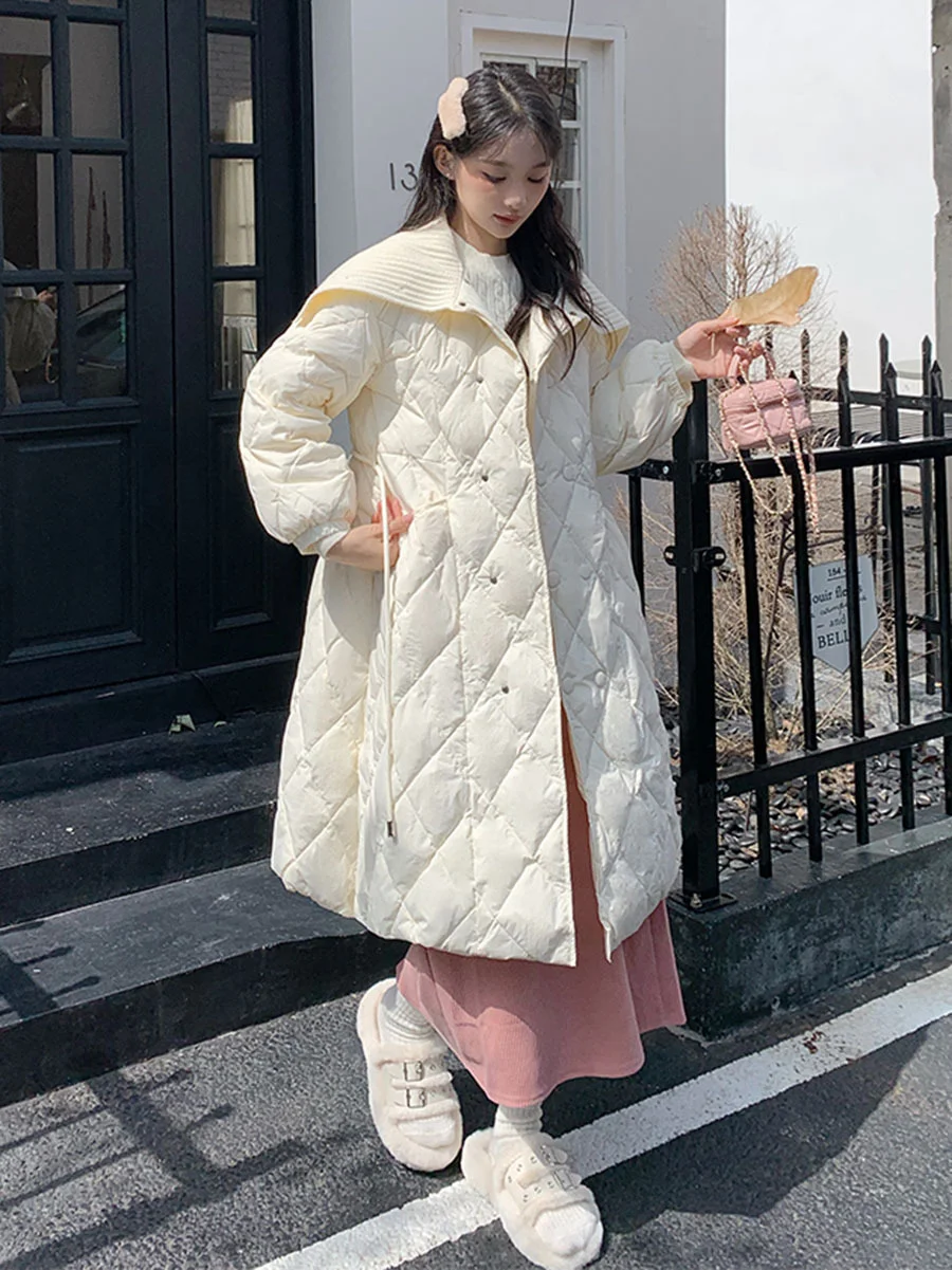 Toloer Ling Ge Knitting Collar Long Down Jacket Female 2024 Winter Fashion Thick Thin Belt Waist Show Thin Over The Knee Coat Tide-Outfit Ideas
