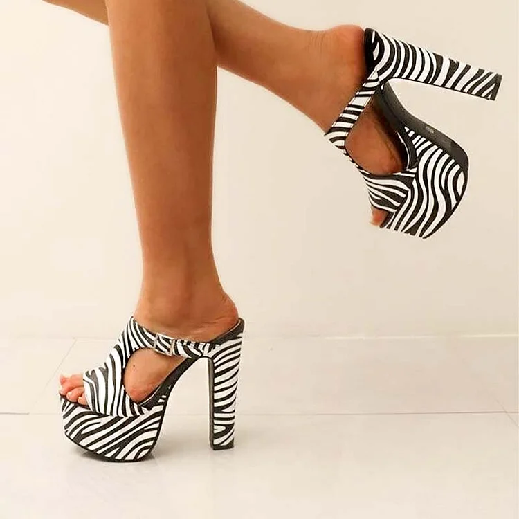 Zebra T Strap Chunky Heels Women's Sexy Shoes Platform Sandals |FSJ Shoes