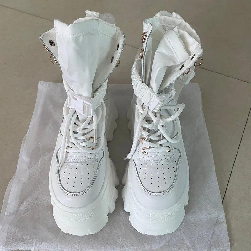 Green Punk Chunky Platform Motorcycle Boots Women Autumn Winter Gothic Shoes Woman Thick Bottom Lace Up Ankle Botas Mujer