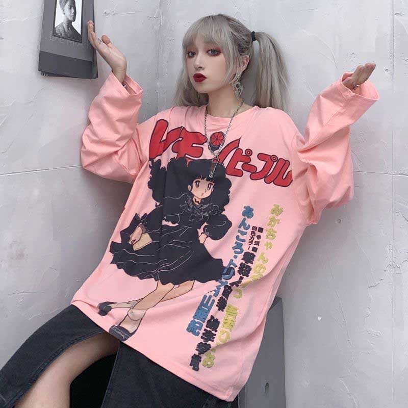 NiceMix Harajuku Tshirt Streetwear Anime t shirt Females Cool Cartoon Print Hip Hop Streetwear Funny Print Casual Pink Oversized