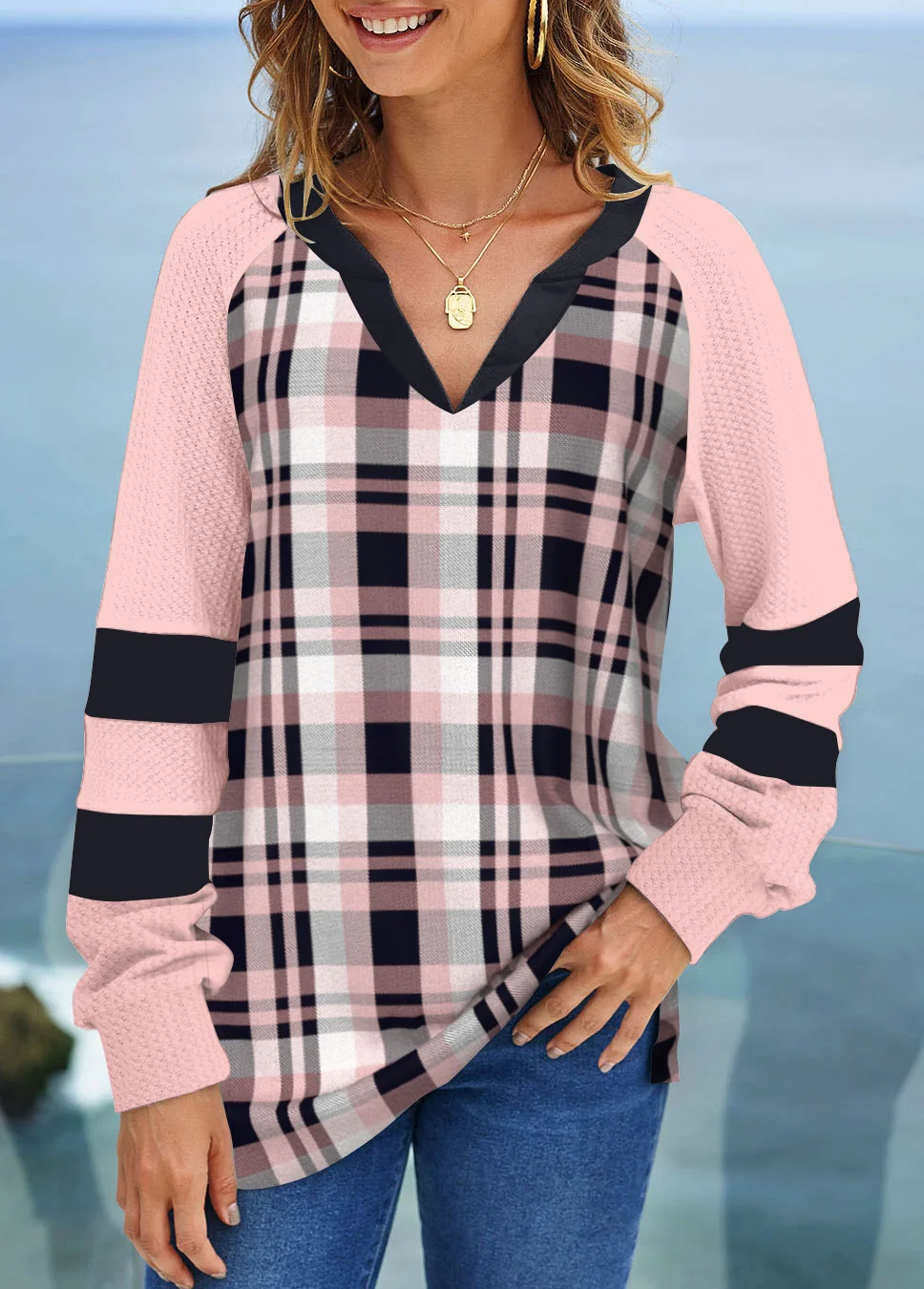 Pink And Black Plaid Printed Casual Sweatshirt