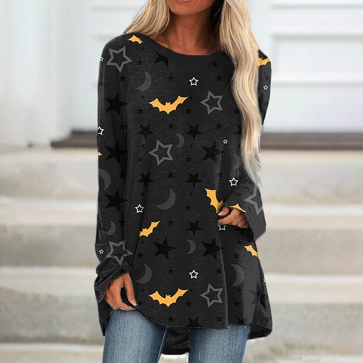 Bat Moon Printed Casual Long-Sleeve T-shirt