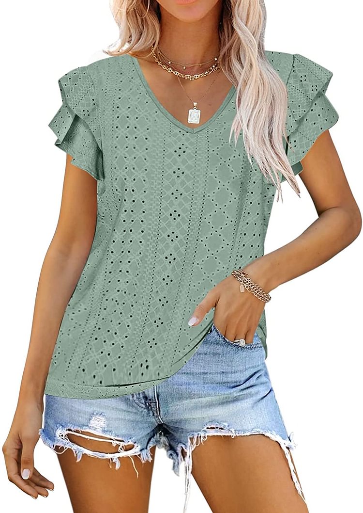Women's V Neck T Shirt Summer Hollow Casual Ruffle Sleeve Tops Blouse