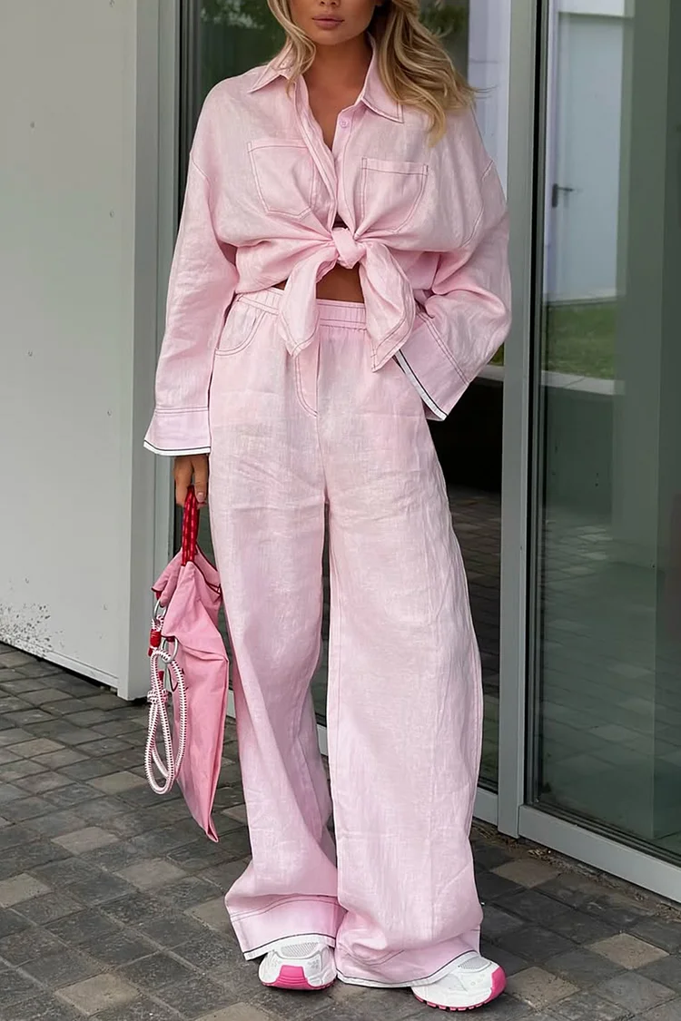 Plus Size Business Casual Pink Shirt Collar Long Sleeve Pocket Casual Two Piece Pant Sets [Pre-Order] 2024 - Xpluswear
