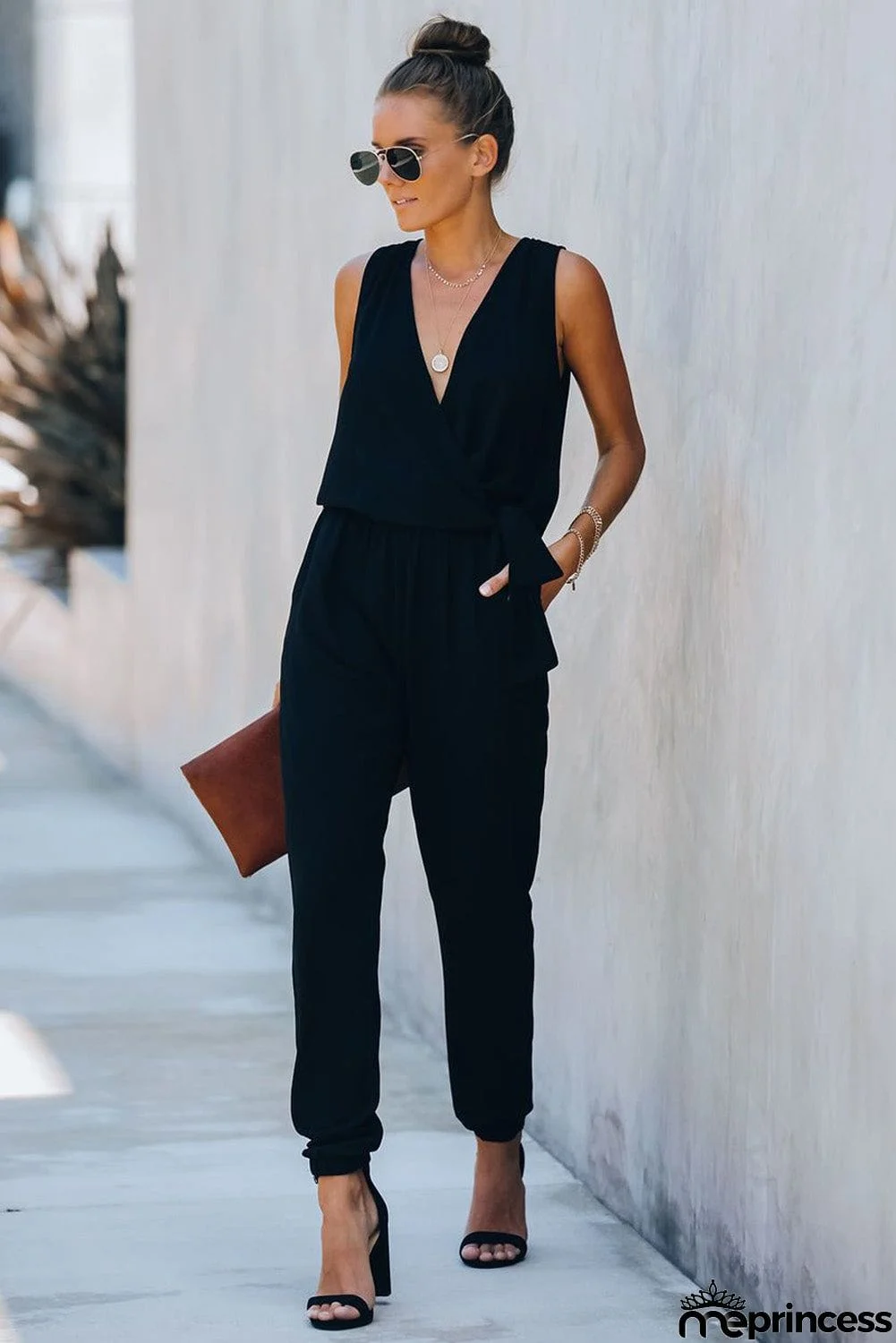 Deep V-neck Sleeveless Solid Jumpsuit