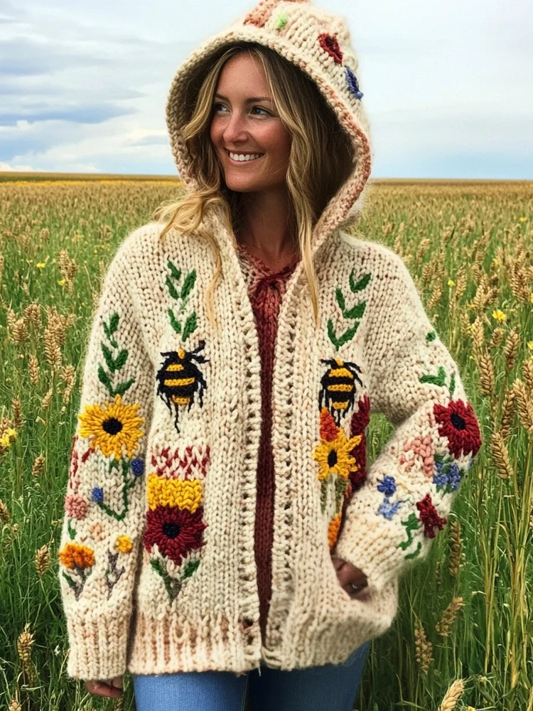 Utbros Rustic Bee & Floral Knit Art Women's Hooded Cardigan