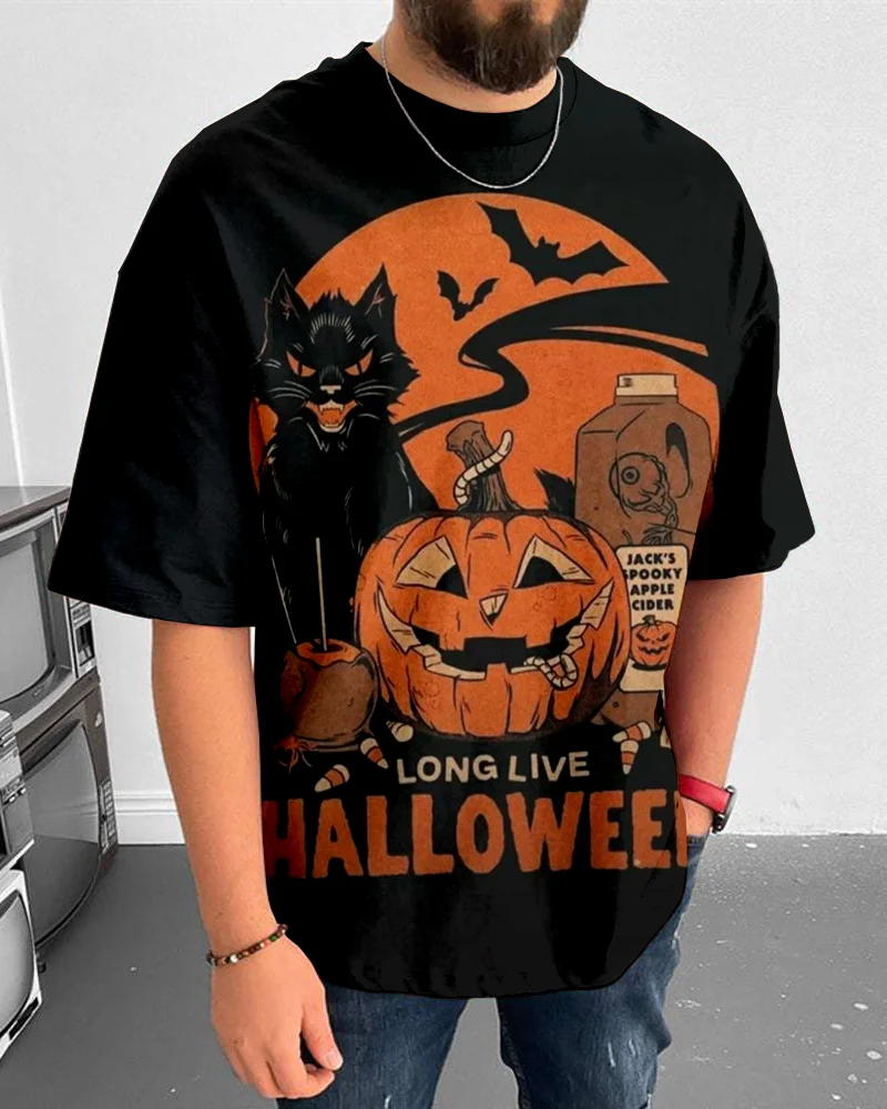 Suitmens Men's Halloween Black Cat Nostalgic Comic Short Sleeve T-Shirt 044