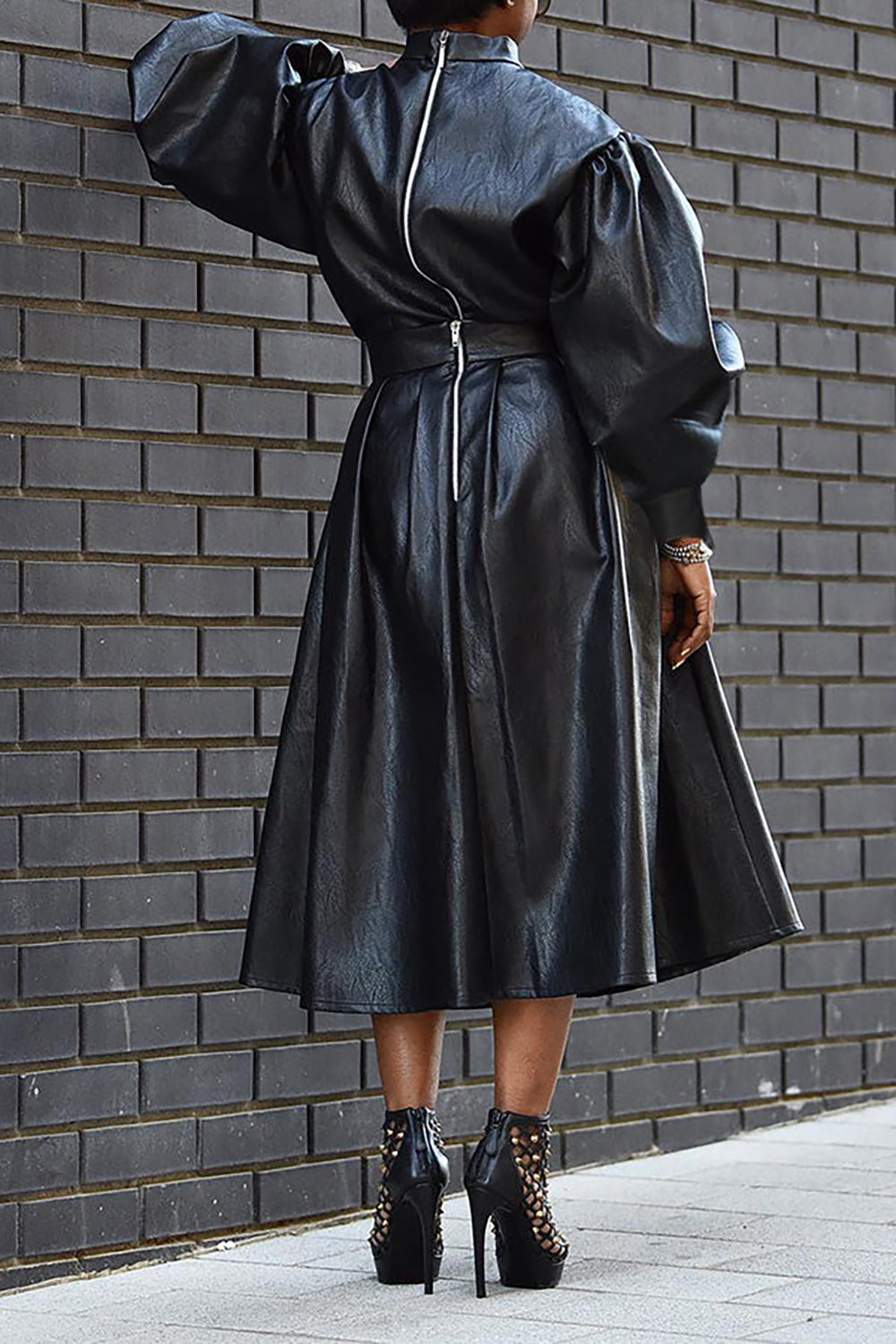 Plus Size Daily Midi Dresses Elegant Black Fall Winter Long Sleeve PU Leather Midi Dresses With Pocket