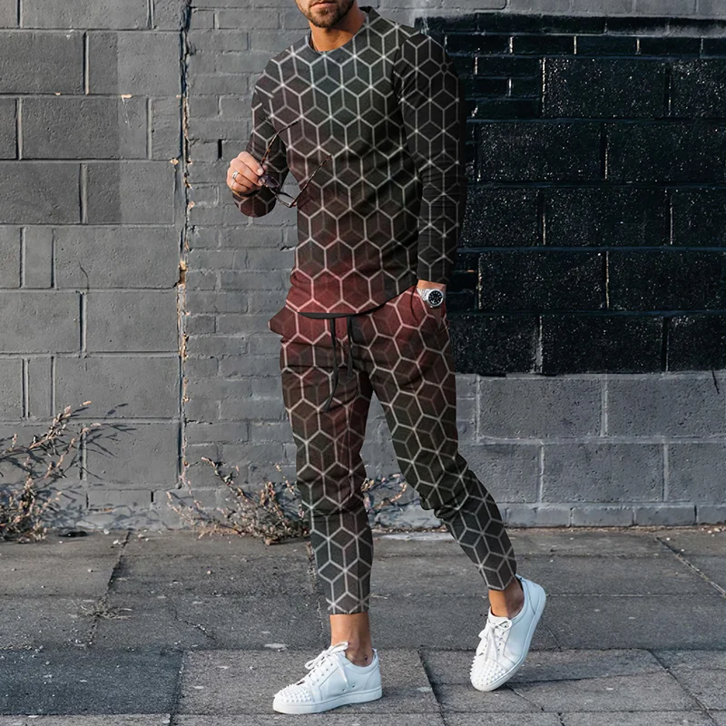 Men's Geometric Pattern Gradient Color Long Sleeve T-Shirt And Pants Co-Ord