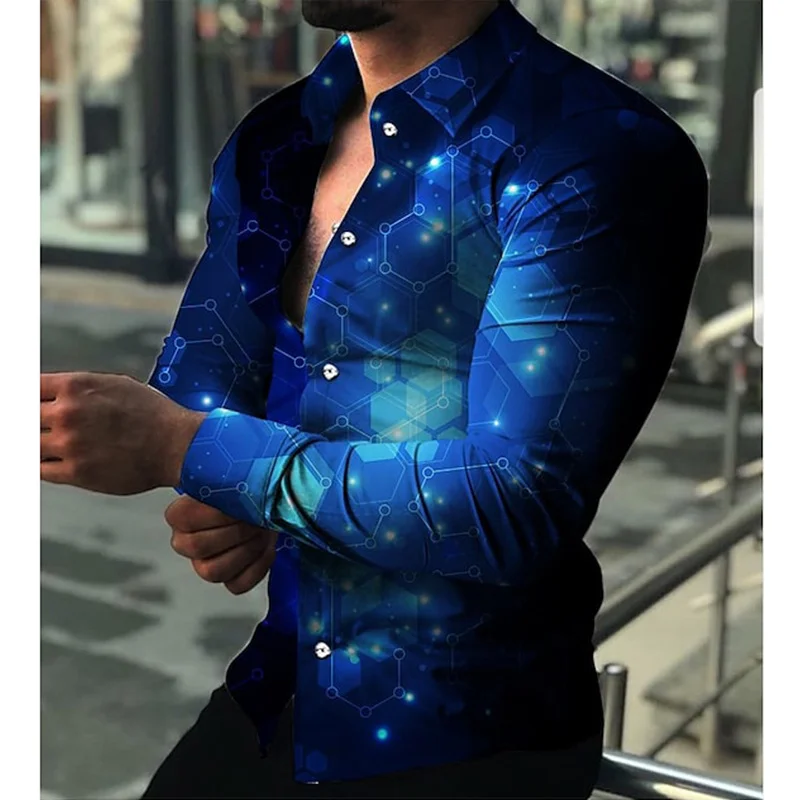 Casual Blue Pattern Printed Long Sleeve Men's Shirt