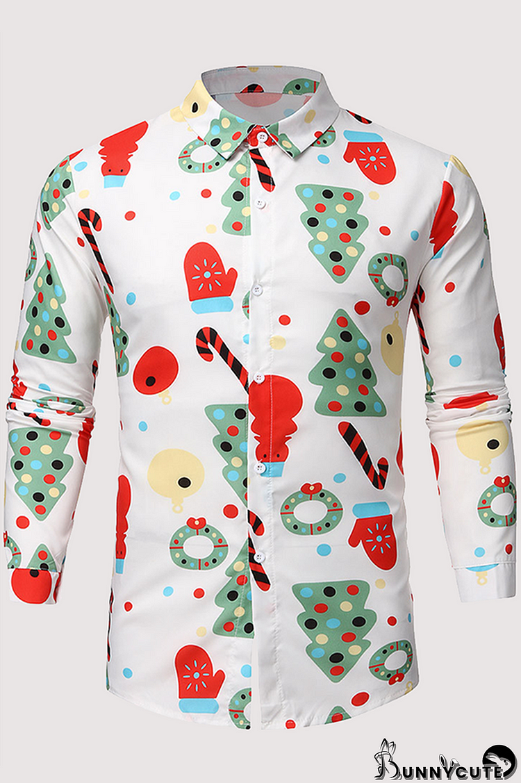 White Fashion Street Christmas Tree Printed Snowman Printed Split Joint Buckle Turndown Collar Tops