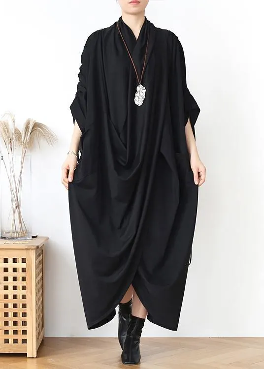 DIY v neck asymmetric cotton clothes Fabrics gray Maxi Dresses