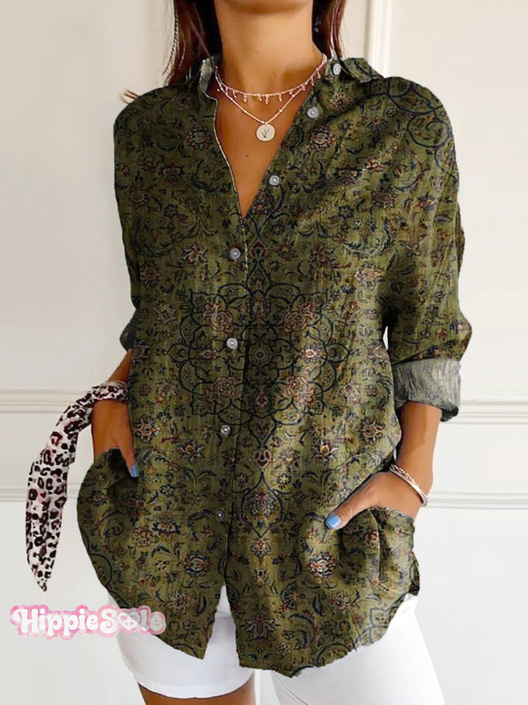 Women’s Ethnic Art Print Casual Cotton Shirt Multicolor / S